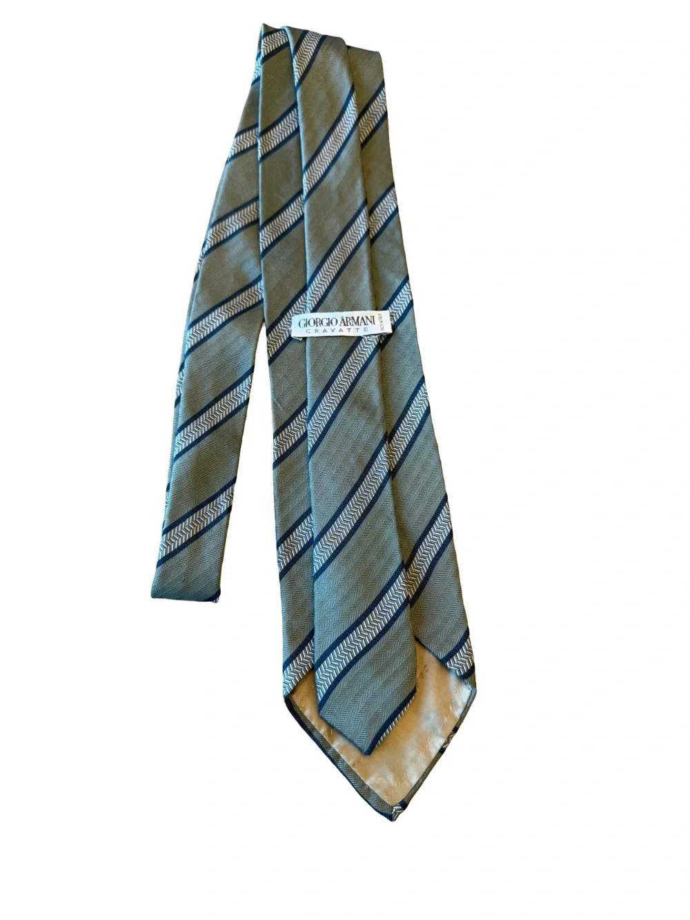 Giorgio Armani Cravatte Silk Tie Olive Green Navy Stripe Herringbone Italy 3.5
